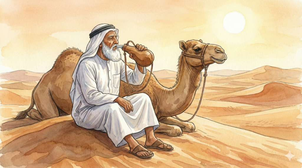 砂漠で休憩をするアラブのおじさん