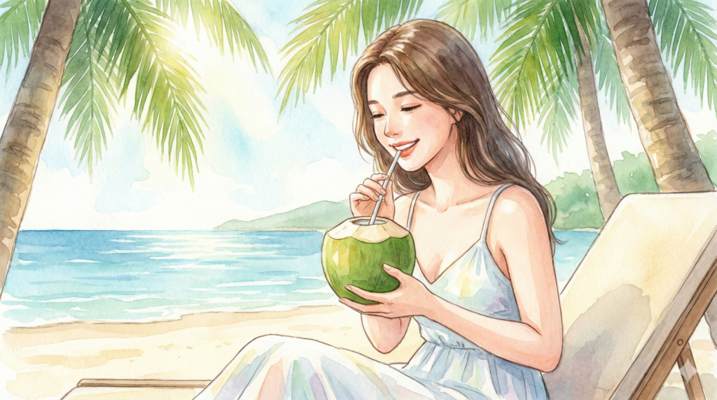 ココナッツジュースを飲む女性のイラスト