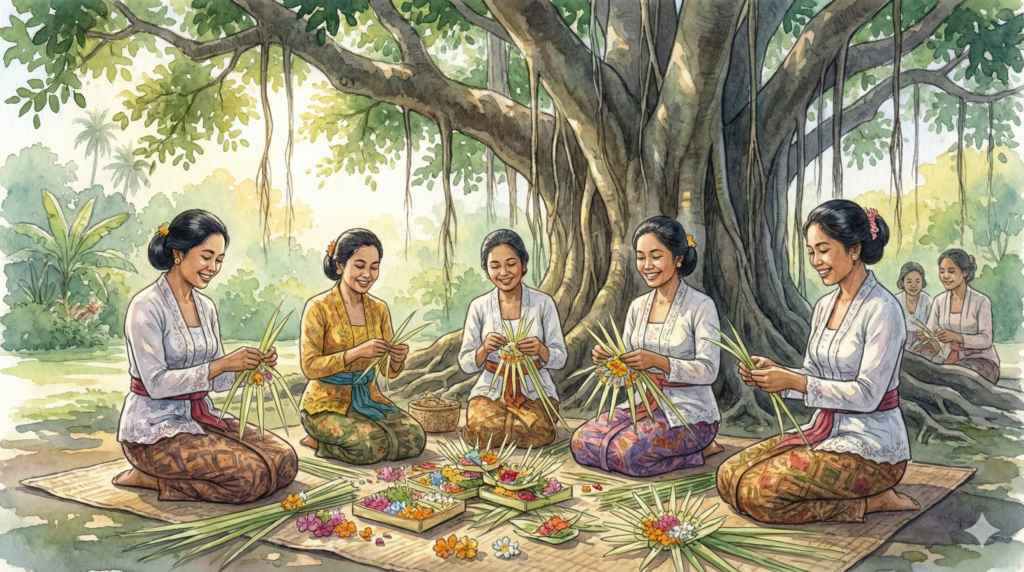 木陰でお供え物づくりをするバリ島のイブたち