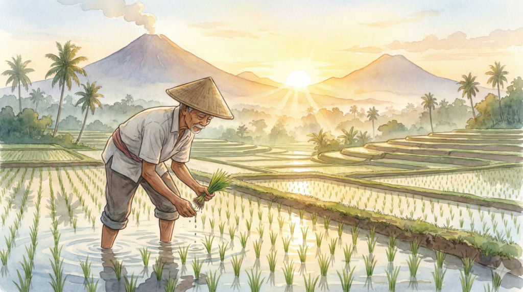 早朝の田んぼで田植え作業をするおじさんのイラスト