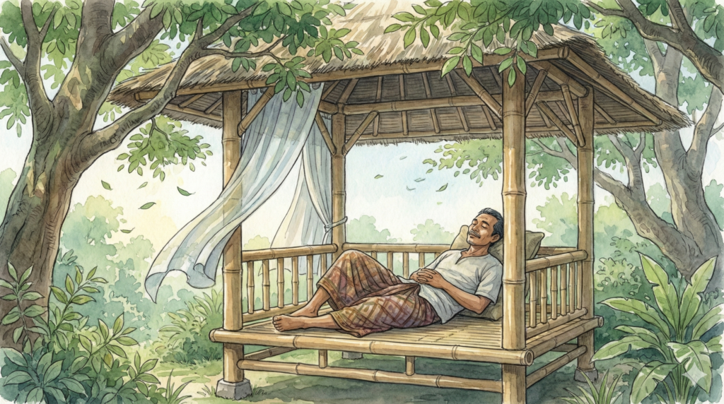 風通しの良いバレで昼寝をするおじさん