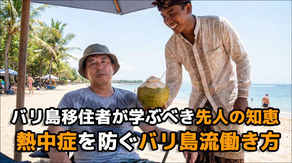 バリ島のビーチで熱中症にかかりぐったりしている日本人男性