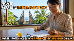 持病の薬と医師の処方箋を前にして安心するバリ島移住者